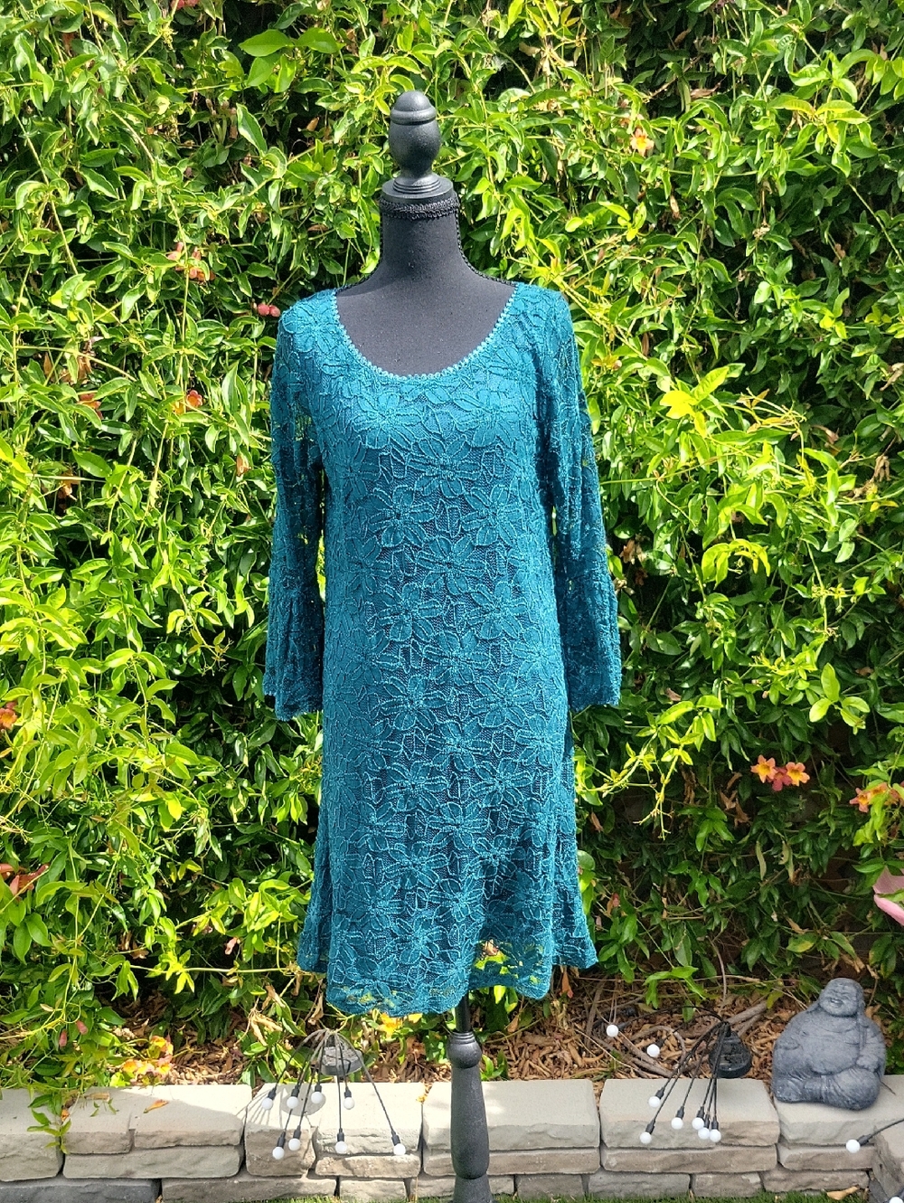 Blue/green Floral Lace Whimsigoth Dress With Blousy Lace Seeves L